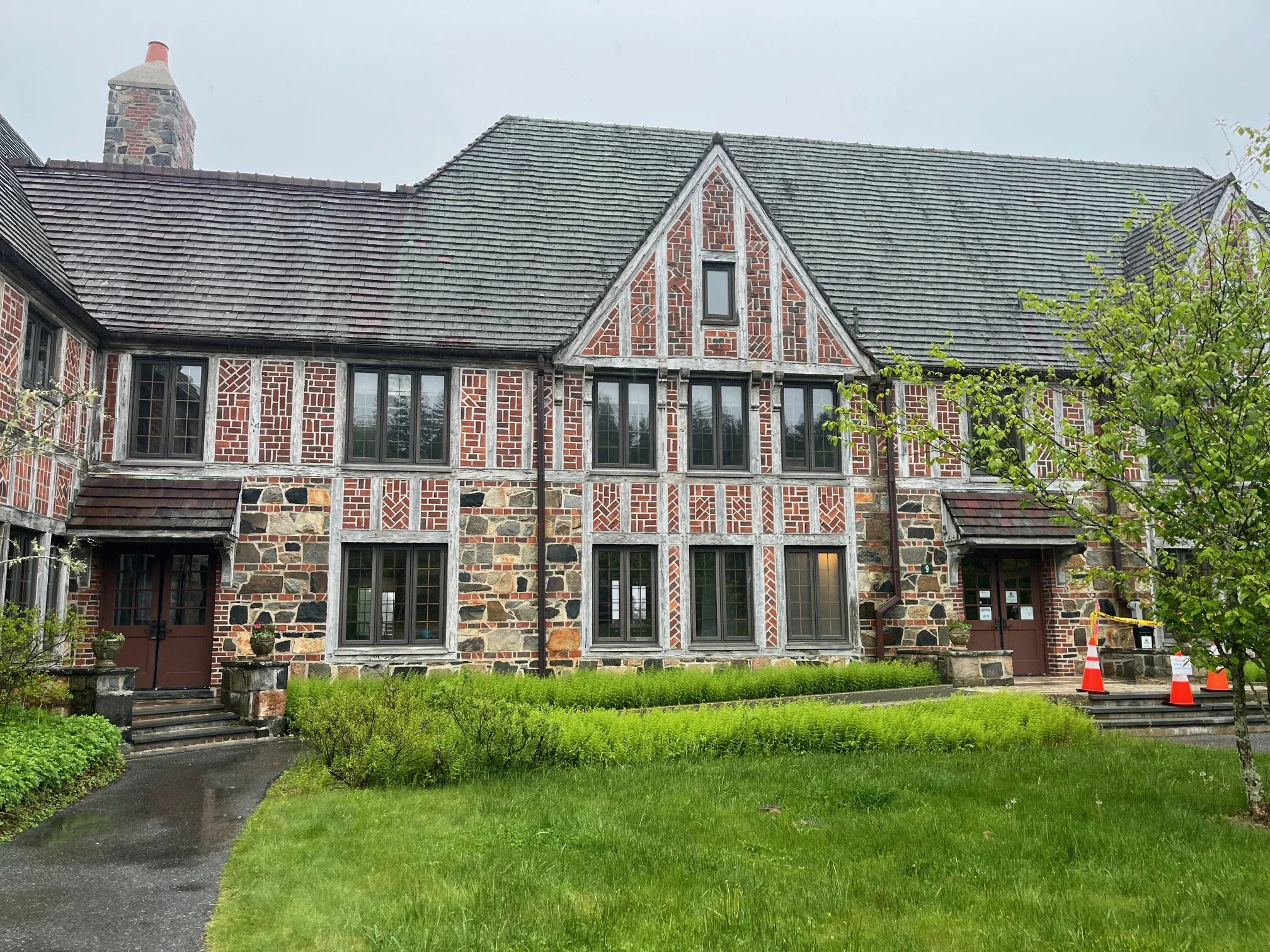The half timbered and brick exterior of Rockefeller Hall