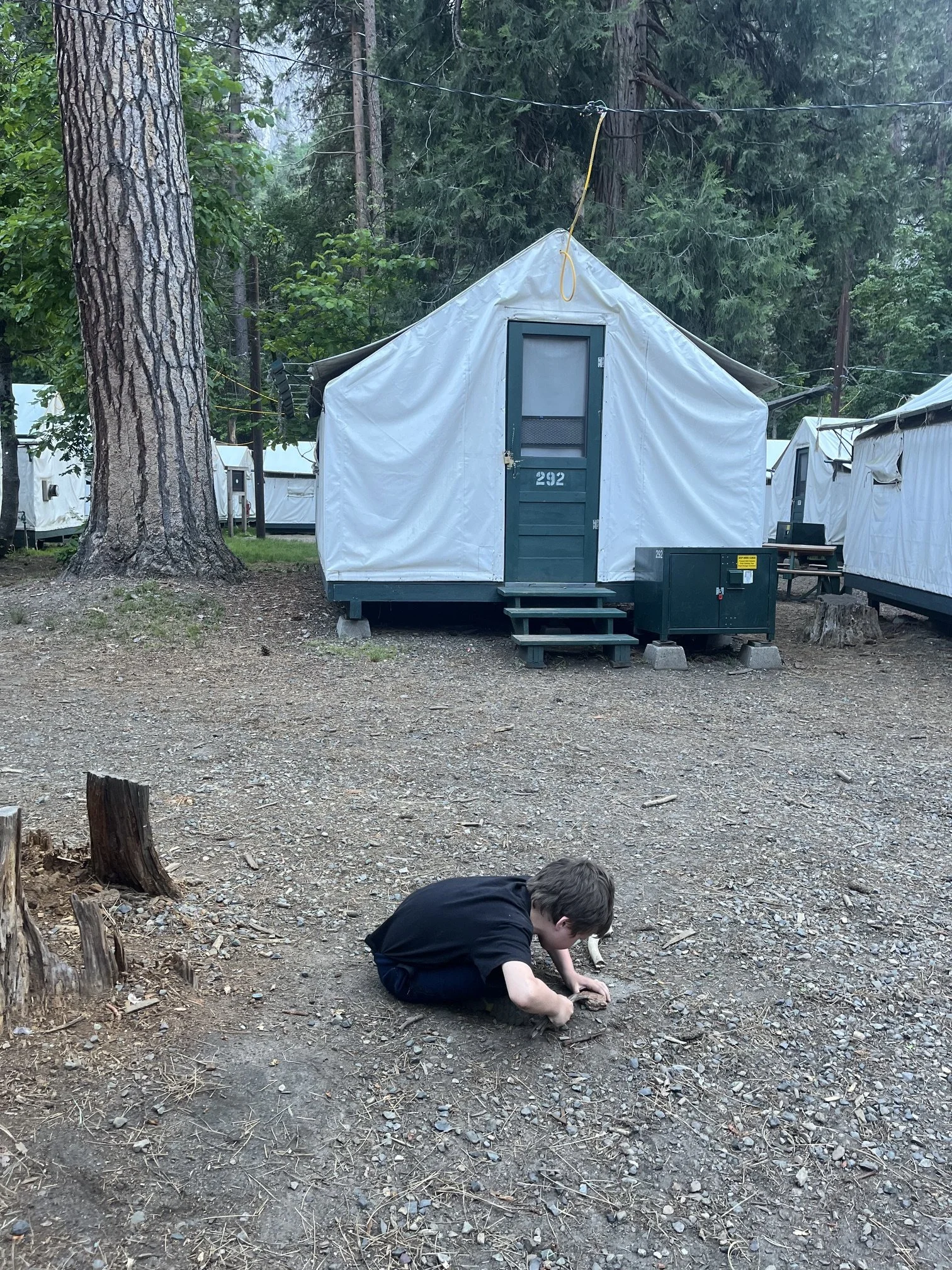 The author's son digging in the dirt outside of the Camp Curry tents