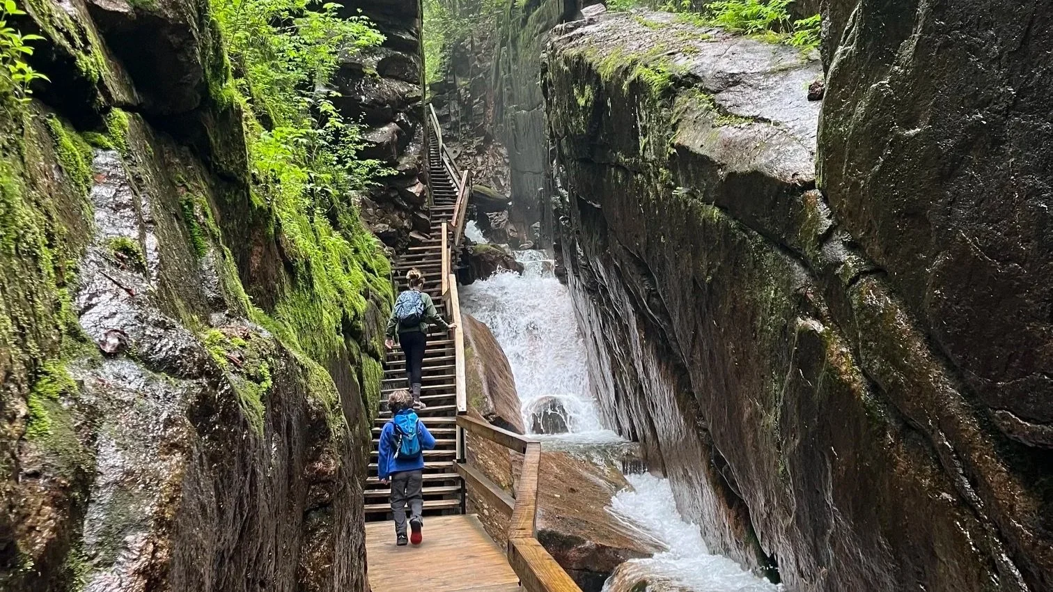 The author's children hike up the staircase through Flume Gorge