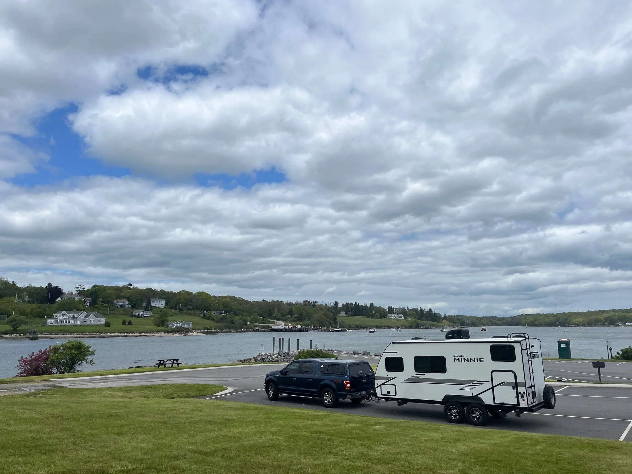 The author's camper at the Colonial Pemaquid State Historic Site with river in background