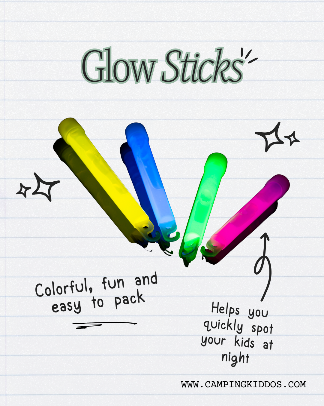 Brightly colored glow sticks on a collage about camping gifts for kids
