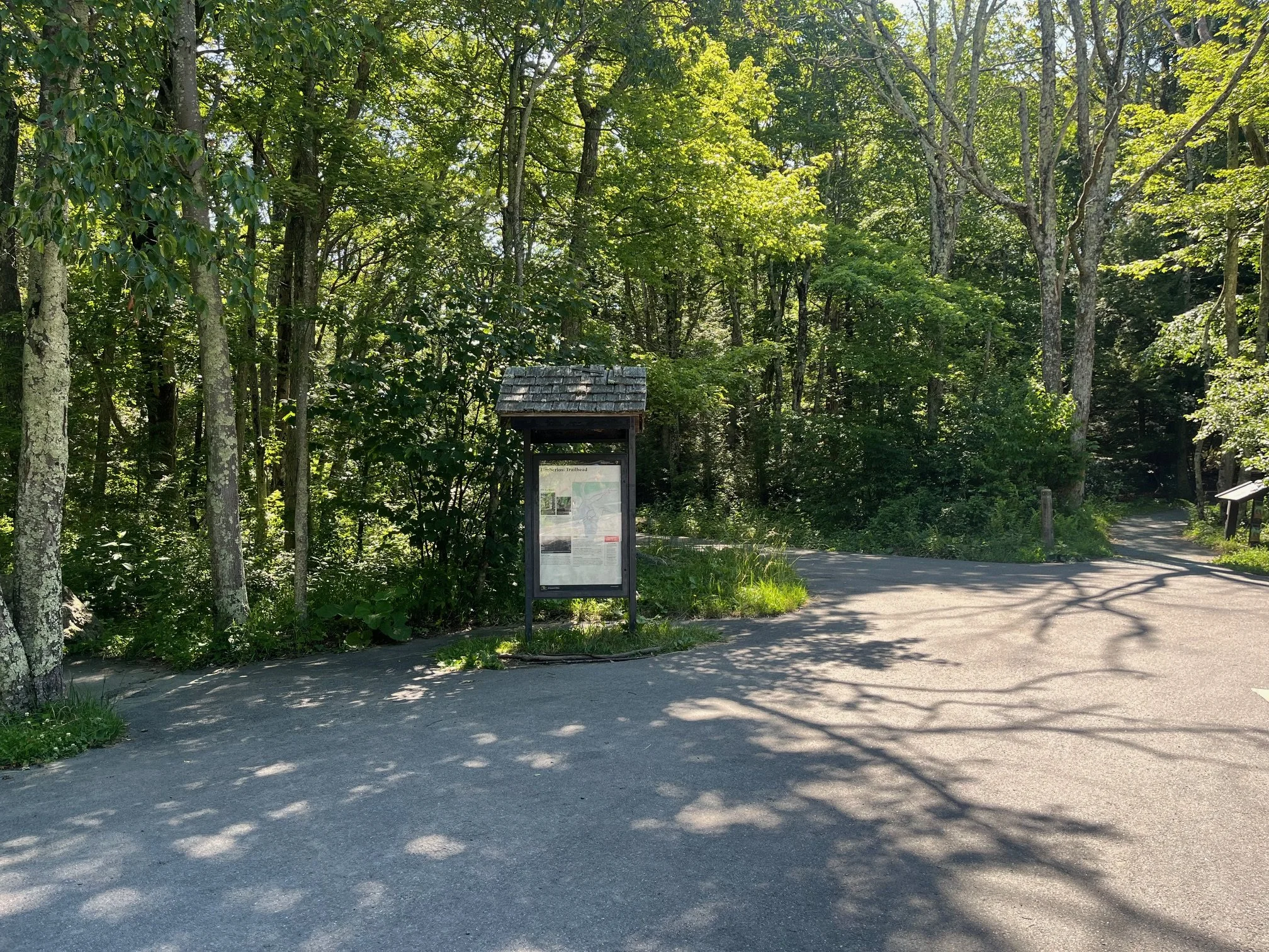 Informational kiosk in the parking area for Limberlost Trail
