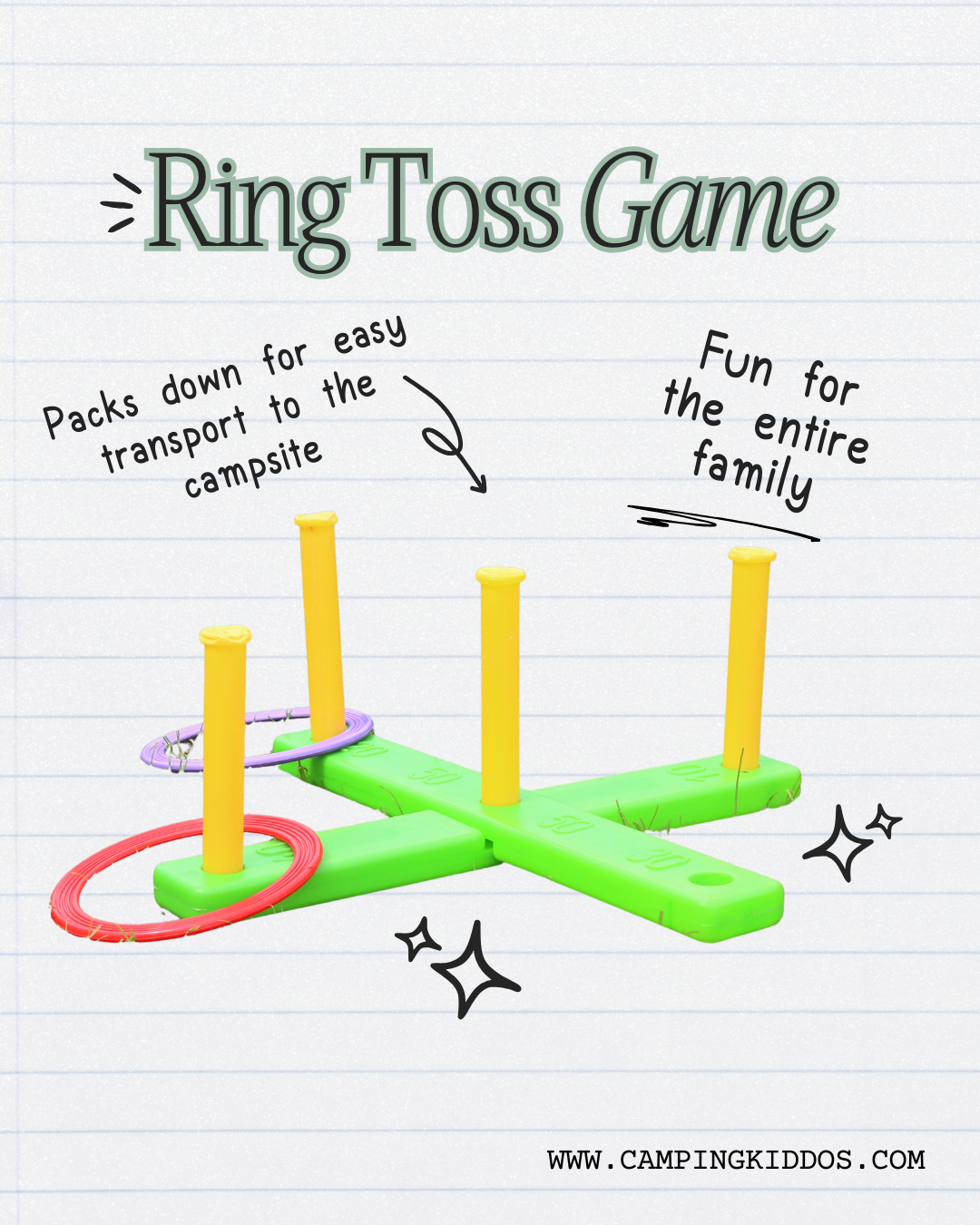 A colorful ring toss came on a collage with doodles and text