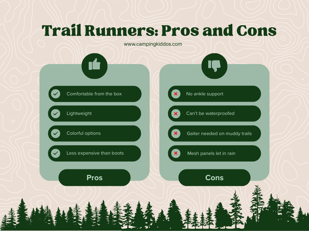 Green and beige chart showing the pros and cons of buying trail runners