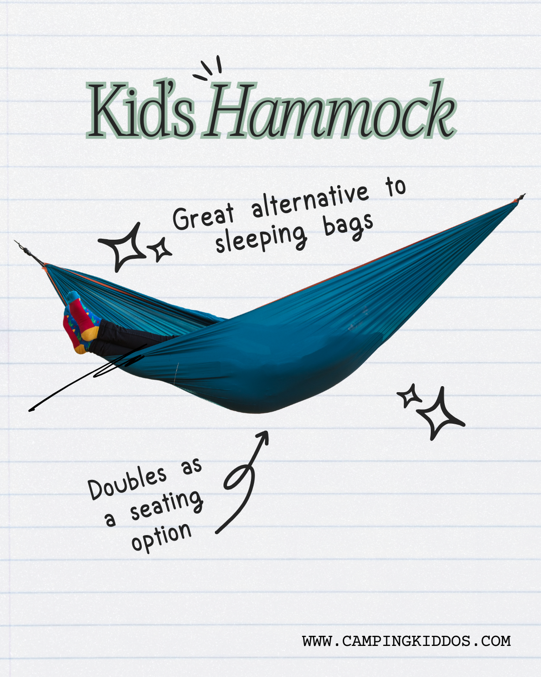 bright blue hammock for kids with someone sleeping in it and their bright socks sticking out of one end