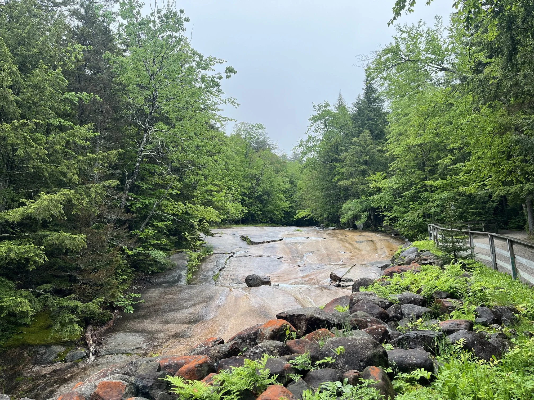 The slick Table Rock formation next to the Flume Gorge trail