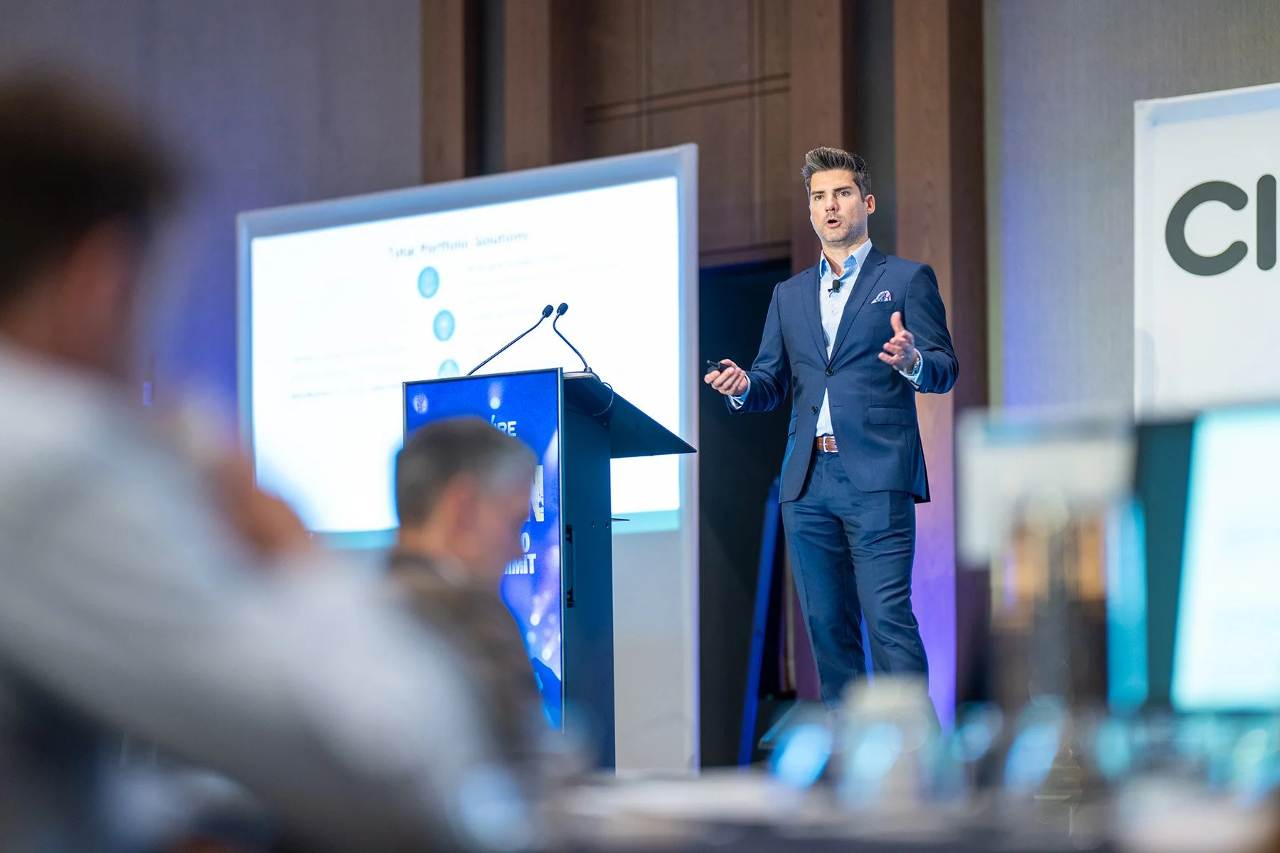 Keynote speaker presenting at the Citywire conference in Austin, Texas