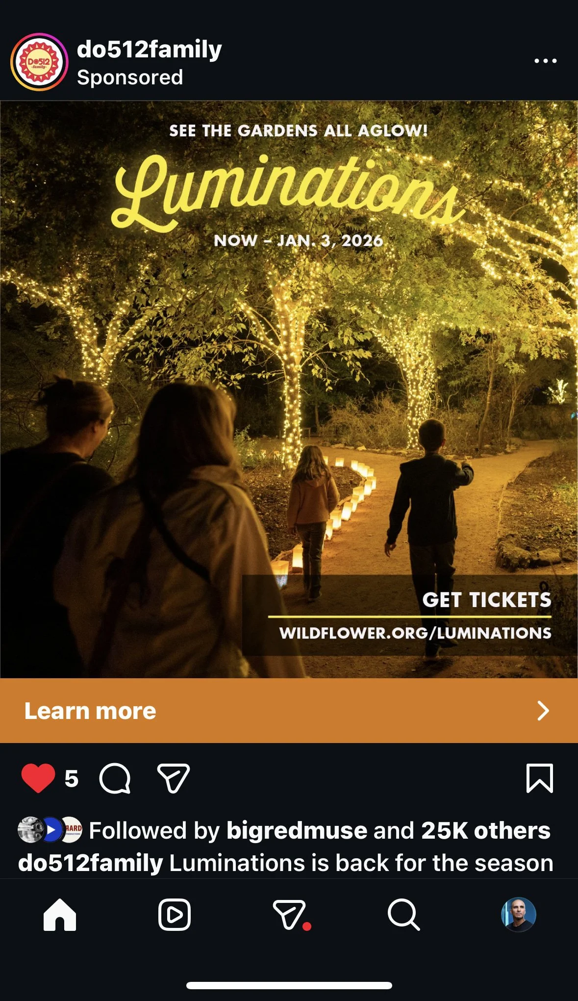 People walking through a garden decorated with string lights on trees at night, promoting a lumination event from now until January 3, 2026.