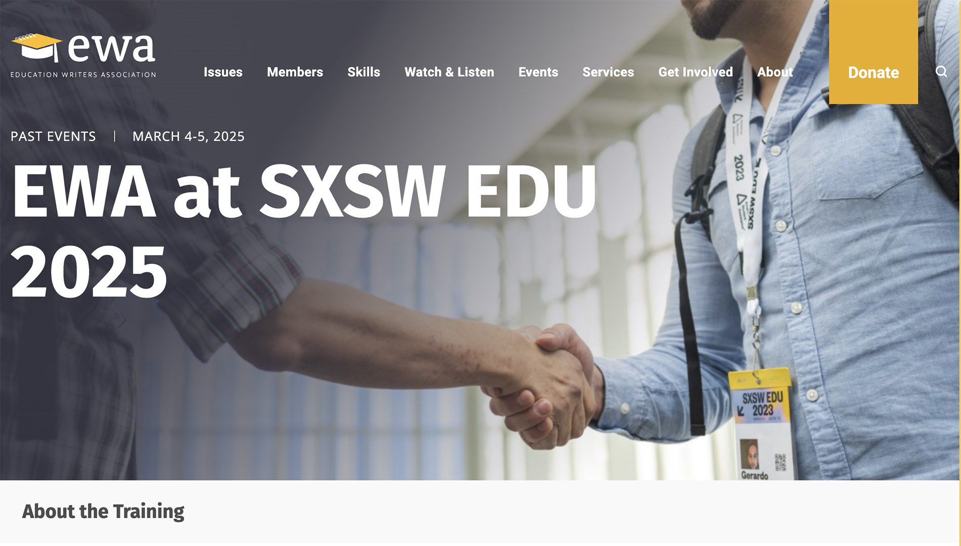 Two people shaking hands at a conference, one wearing a badge that reads SXSW EDU 2023. The website header includes the logo 'EWA Education Writers Association' and menu options.