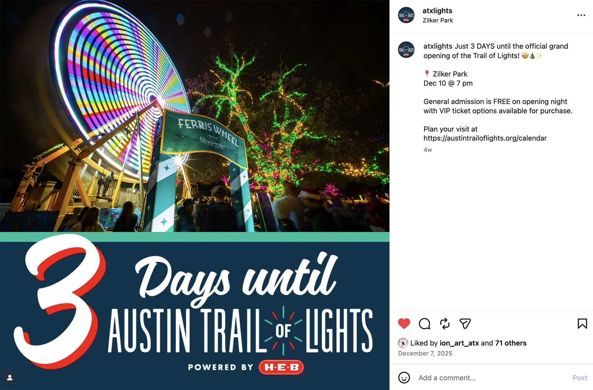 Colorful illuminated Ferris wheel at night with trees decorated in Christmas lights and a crowd gathering underneath. Overlay text reads "3 Days until Austin Trail of Lights" with a logo for H-E-B.
