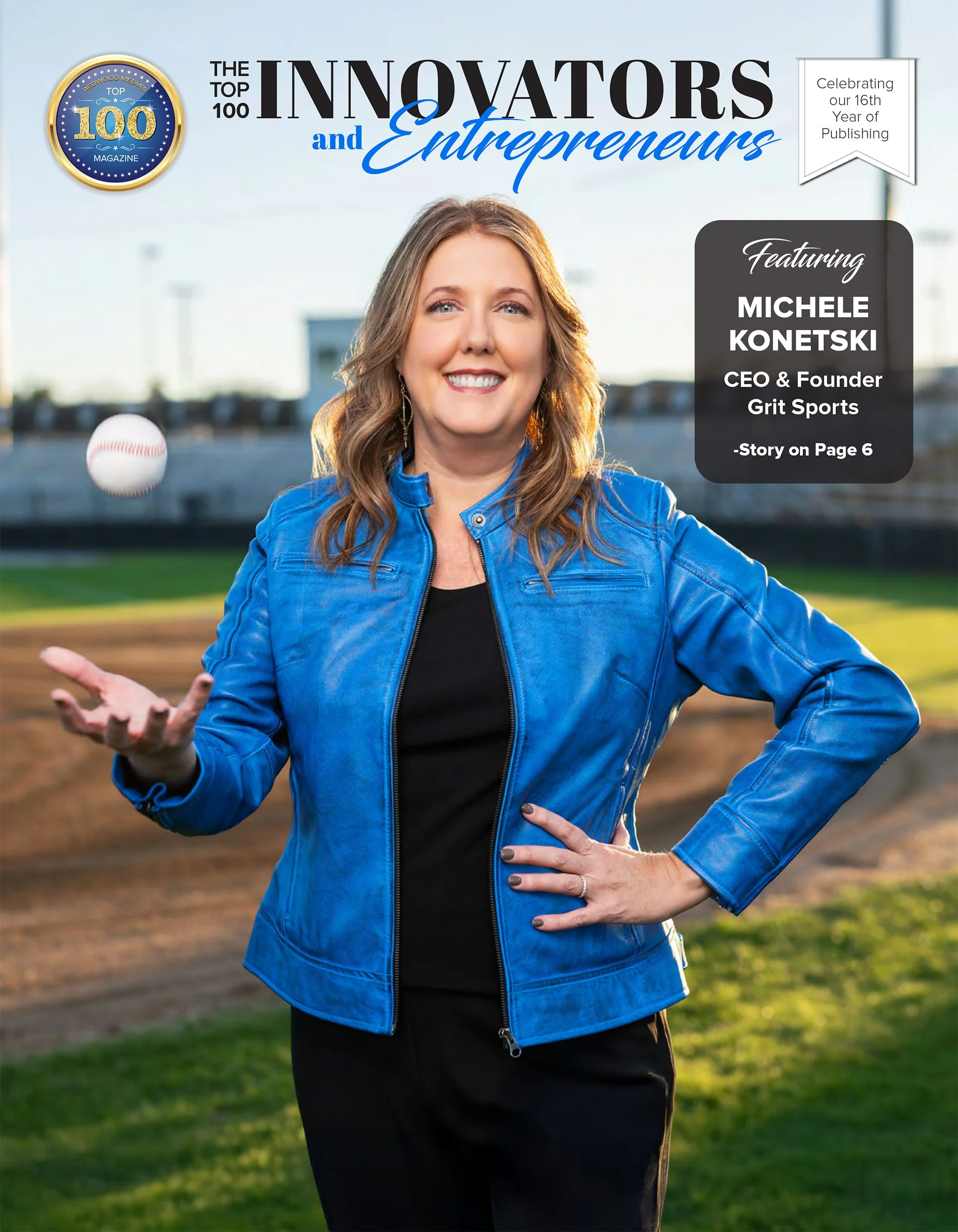 Cover of a magazine titled 'Top 100 Innovators and Entrepreneurs,' featuring a smiling woman in a blue jacket juggling a baseball on a sports field.