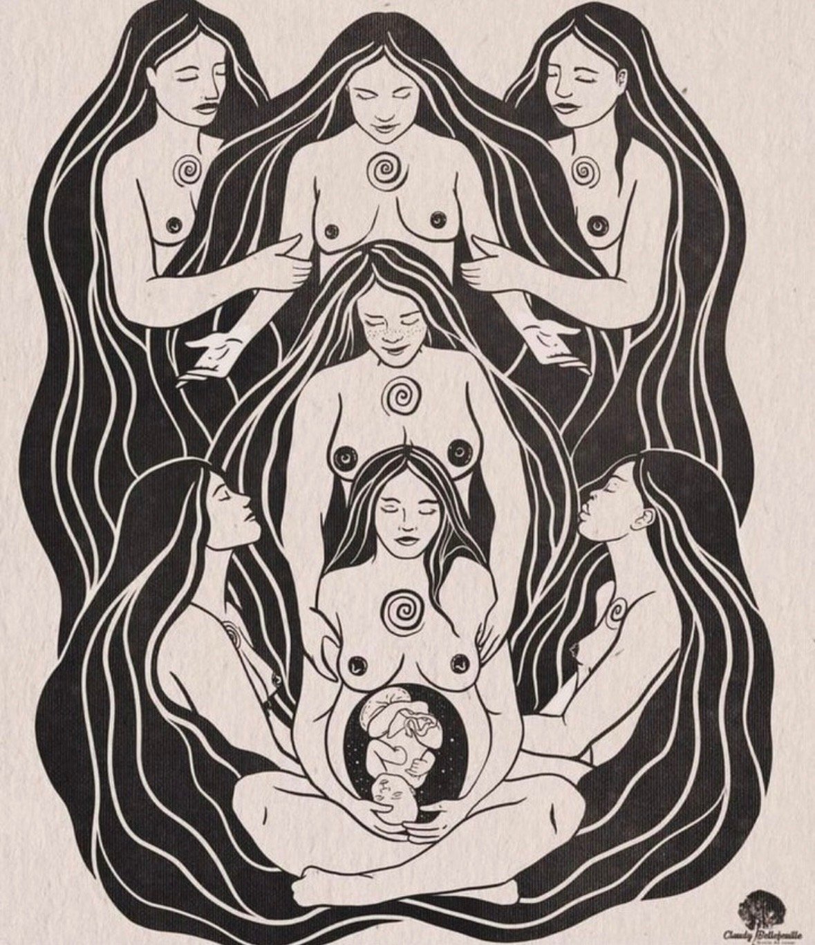 Line art illustration of a woman with long flowing hair, depicted in various poses, with some images showing her holding a fetus inside her abdomen, and symbols on her chest and abdomen, surrounded by swirling lines.