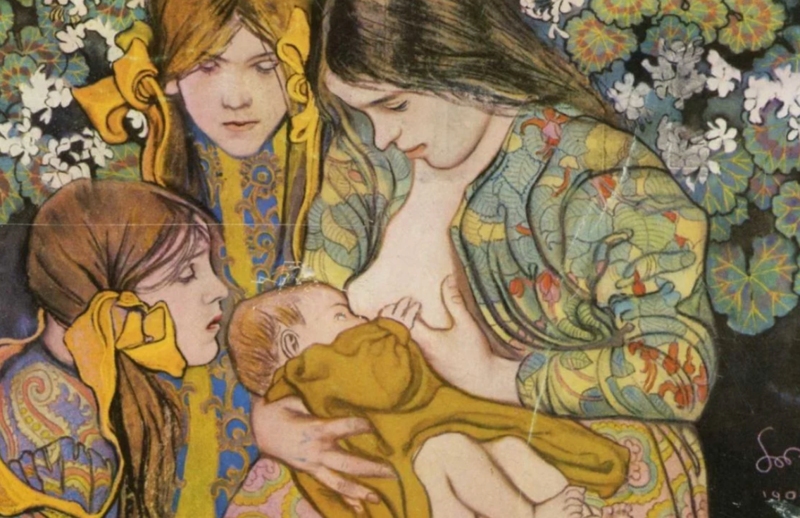 Painting of a woman breastfeeding her baby, with three young girls watching; the scene is set against a background of colorful leaves and flowers.
