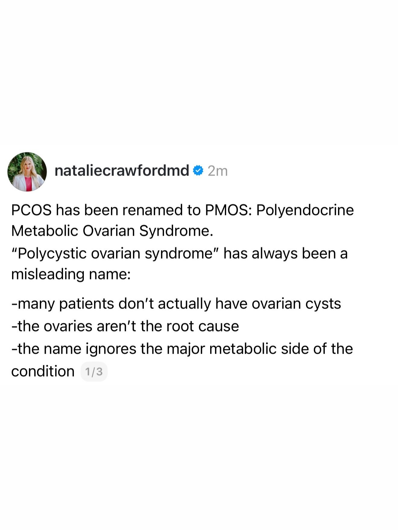 PCOS has been renamed to PMOS: Polyendocrine Metabolic Ovarian Syndrome.

It highlights something important: PCOS is not just an &ldquo;ovary problem.&rdquo; Many patients don&rsquo;t actually have ovarian cysts, and the condition affects far more th