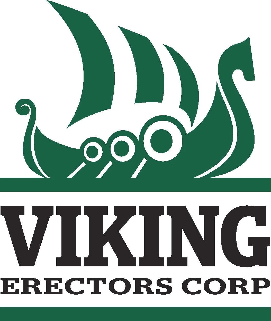 Logo of Viking Erectors Corp featuring a stylized Viking ship with a dragon-headed prow and three sails, above the company's name.