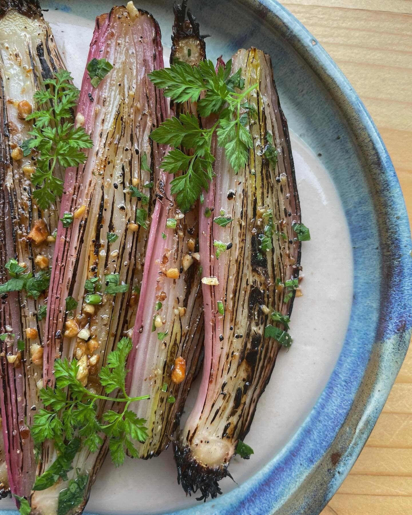 Comfort food veggies of the now &mdash; 

Charred Tropea Onions with bagna cauda, walnuts, and chervil

Chili Braised Murdoch Cabbage with miso tahini, mayo, and sambal