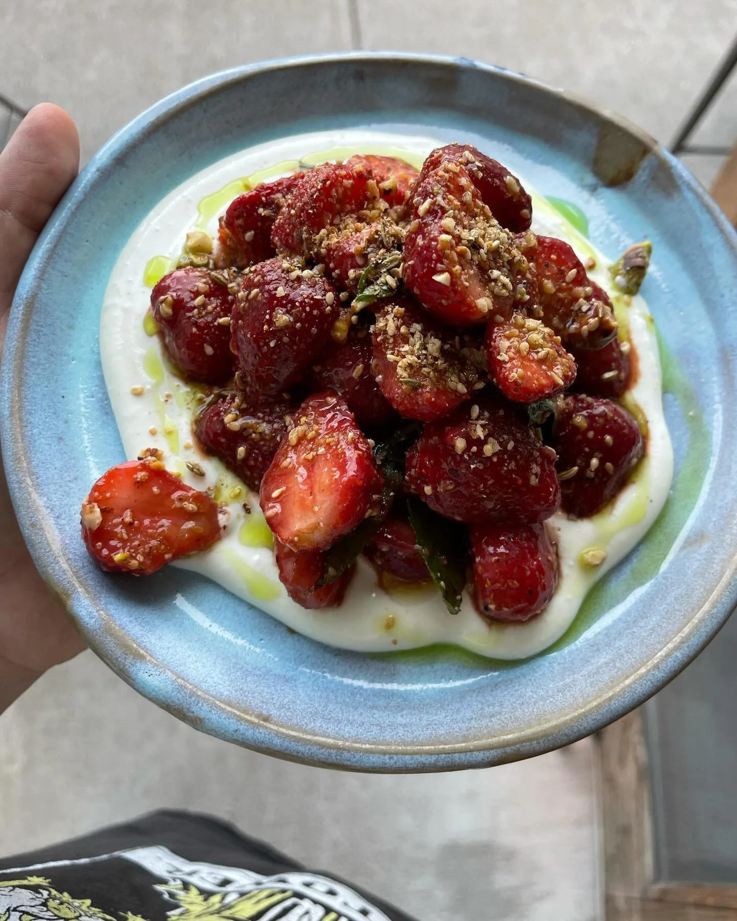 🥵: Strawberry salad with whipped feta, dukkah, balsamic, and shiso
