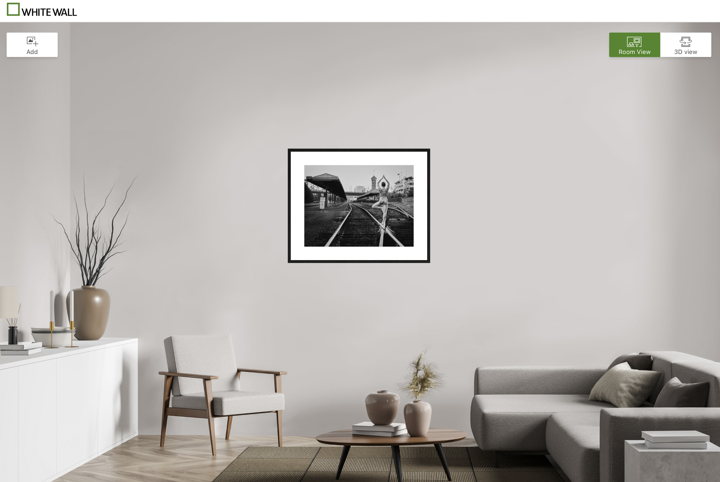Monochrome photograph by Dave Haworth, hung on a plain white wall in a modern living room. A sample of how a print from WhiteWall of Dave Haworth's photography would look on your walls.