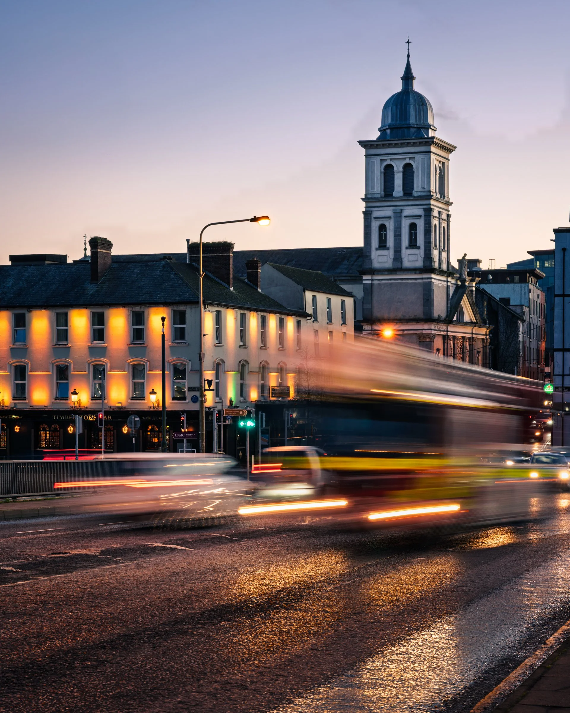 St Saviour's Church, long exposure photograph of  from Rice Bridge at twilight, Waterford, Ireland 2025