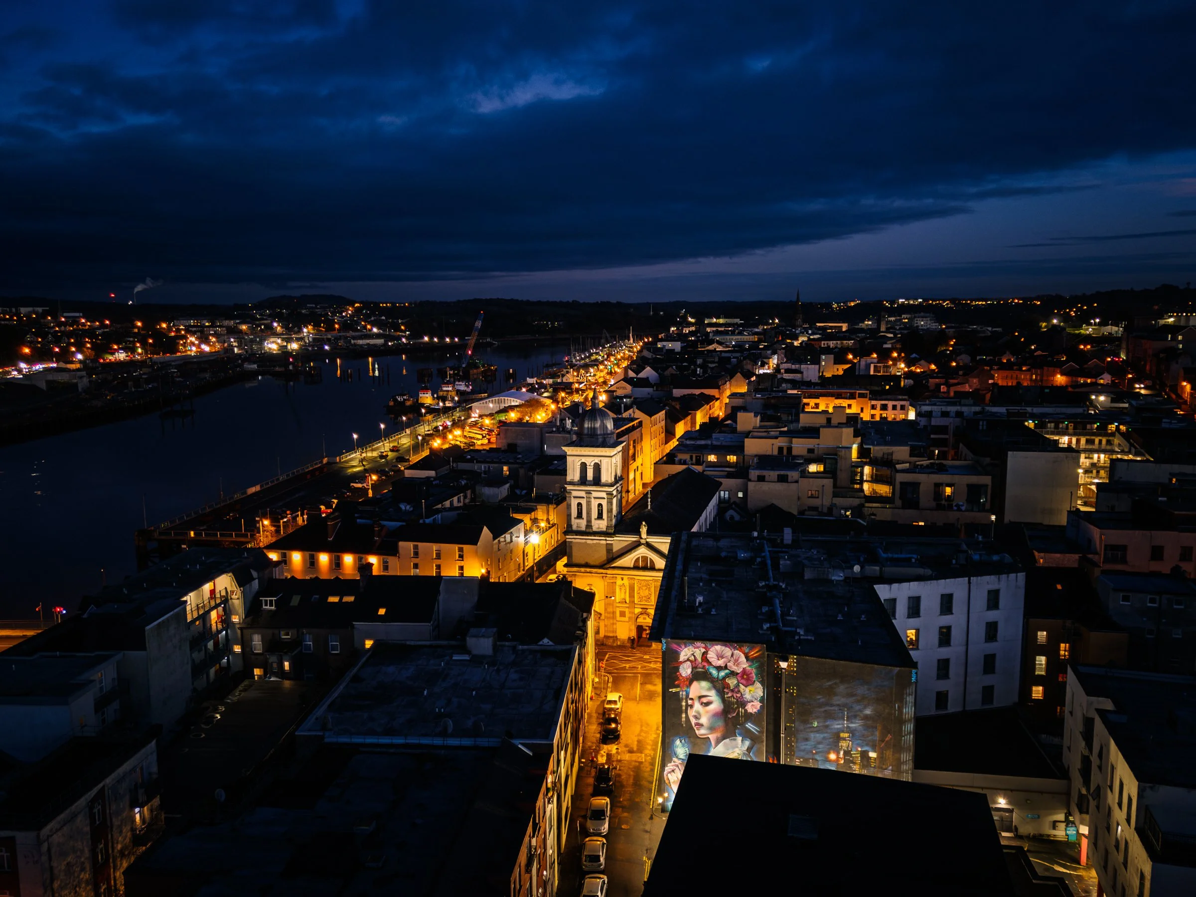 St Saviour's Church, night drone photograph, Waterford, Ireland 2024