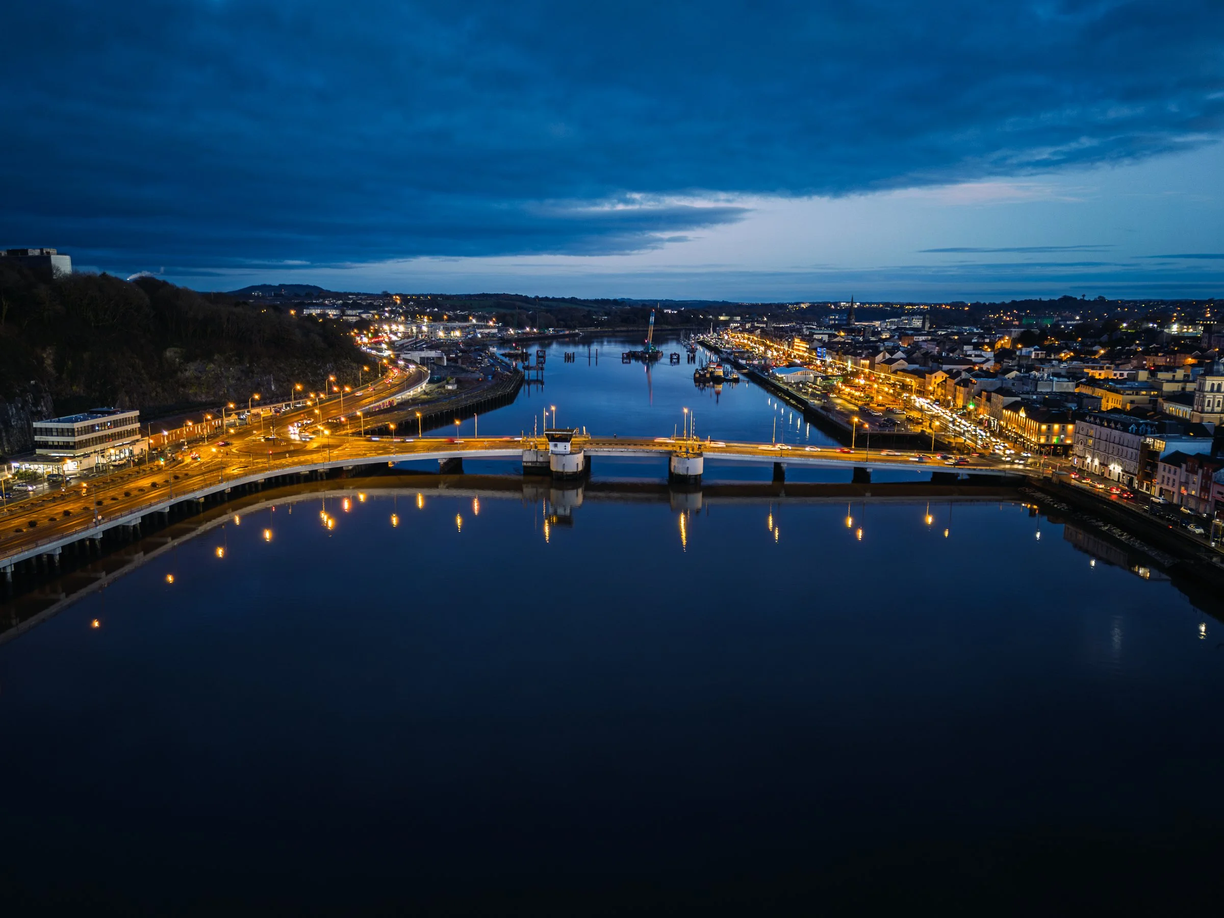 Rice Bridge at twilight, drone photograph at twilight, Waterford, Ireland 2024