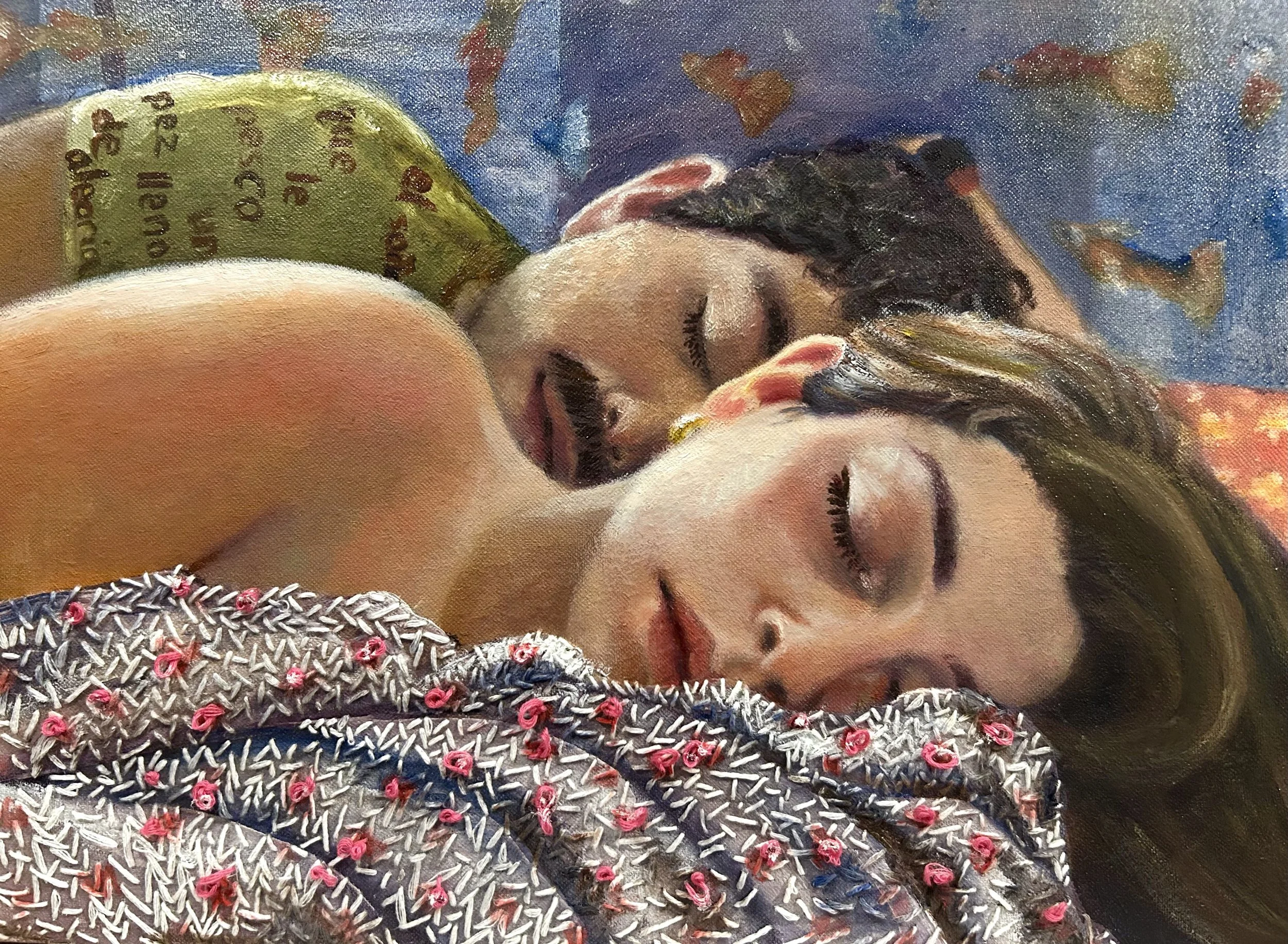 A painting of a woman with dark hair, her eyes closed, lying on a patterned surface with a colorful background.