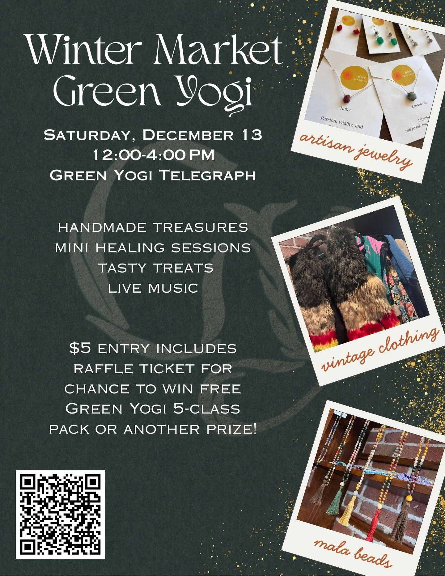 Winter Market at Green Yogi Telegraph!

I&rsquo;m excited to share that Green Yogi Telegraph - a space that hold so much of my heart - is hosting a festive Winter Market next weekend!
📅 Saturday, December 13
🕛 12&ndash;4 PM
📍 2807 Telegraph Ave, B