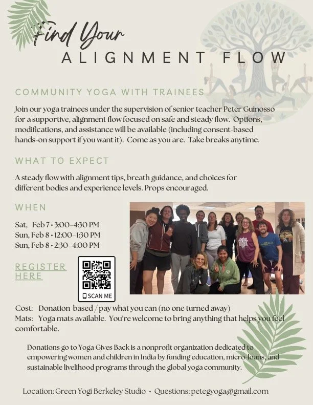 ✨ Community Yoga with Lighting the Path Teacher Trainees ✨

This weekend come practice with our amazing yoga teacher trainees as they step into teaching - supported and guided by senior teacher Peter Guinosso. This is a welcoming, steady-flow class r