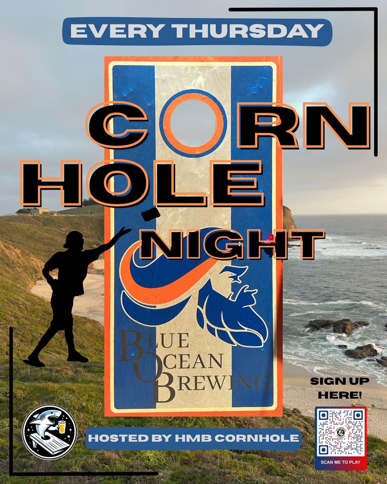 Bags, beers, and bragging rights
Join us every Thursday night for Cornhole Night hosted by HMB Cornhole!
Sign up on the Scoreholio app or scan the QR code. Let’s see what you’ve got 👊🌽🍻
#CornholeNight #HMBcornhole #BlueOceanBrewing #b