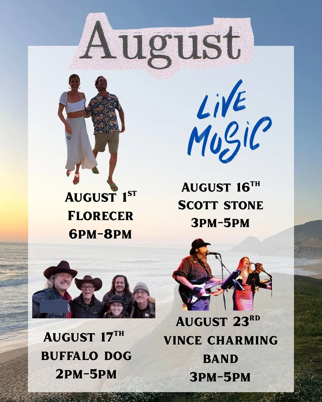 August is stacked at Blue Ocean Brewing! 🍺Sip on your favorite craft beers while enjoying live music this month from Florecer, Buffalo Dog, Vince Charming Band. Plus, we’ve got a killer food truck lineup—Chidos Pizza, Alebrijes, Iries Bi