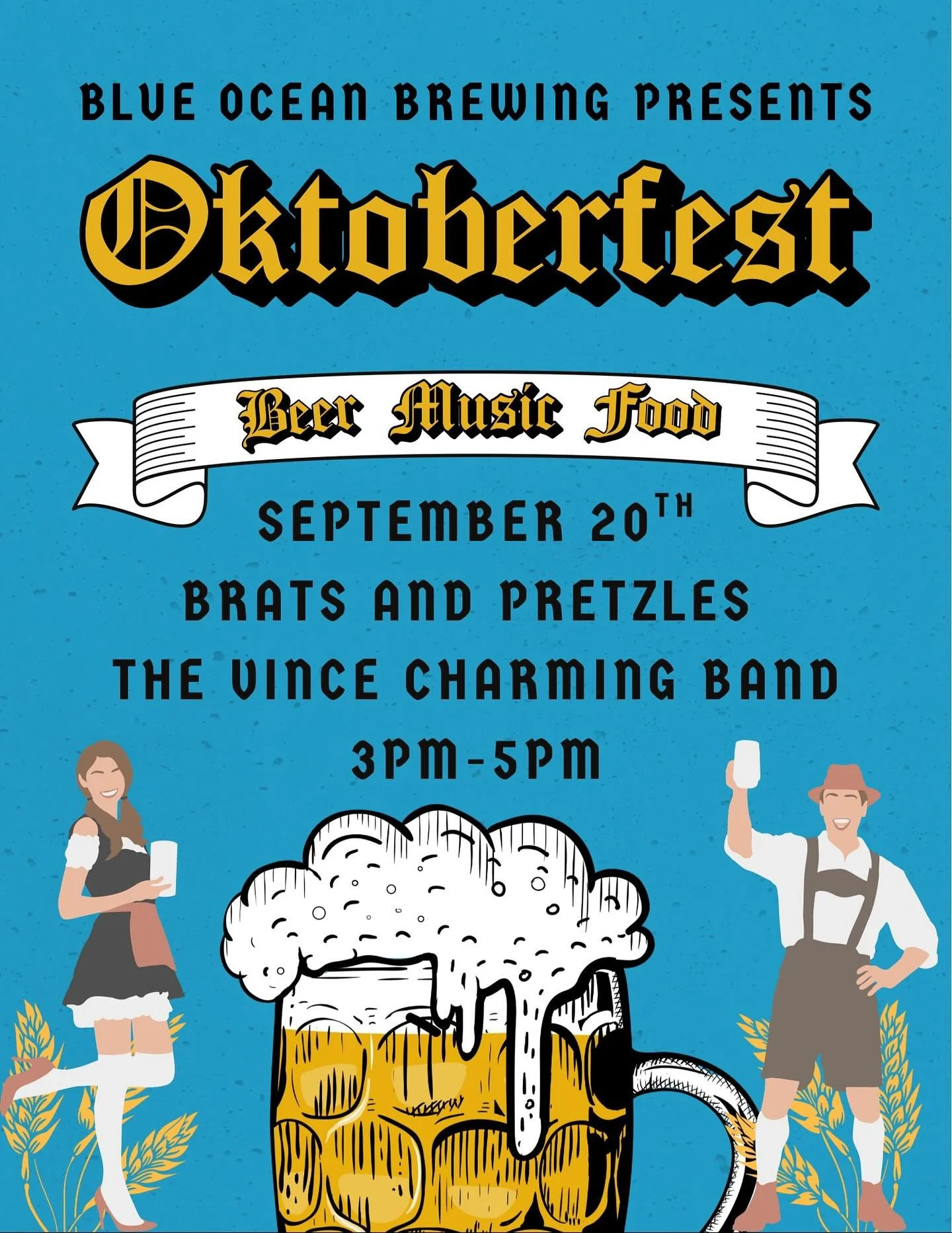 Prost! Oktoberfest is here at Blue Ocean Brewing! 🎶 Join us for brats, pretzels, live tunes from The Vince Charming Band, and the debut of our new Helles lager “Volker Fest.” Raise a stein and celebrate the season with us! 🥨🍺✨ 
#BlueO