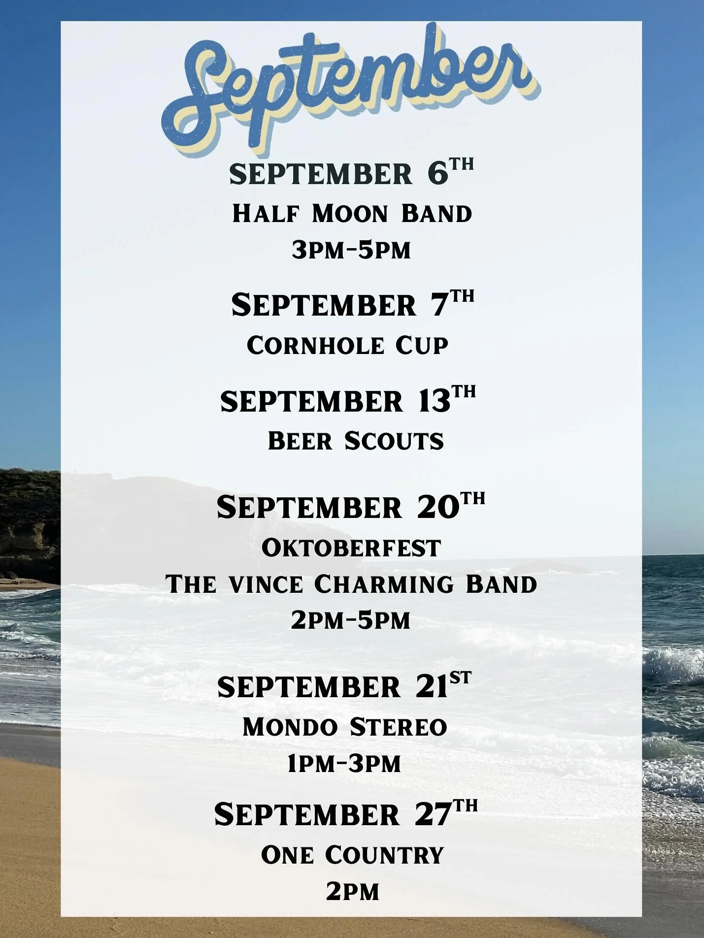 September at Blue Ocean Brewing means golden evenings, cold pints, and a lineup you don’t want to miss. From the Blue Ocean Cornhole Cup to our lively Oktoberfest, plus live music and food trucks like Alebrijes, Chidos Pizza, and Cali Caracas&m