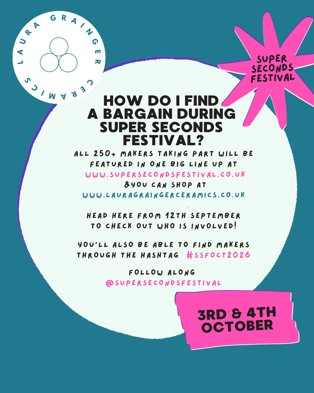 Pink starburst graphic with black text that says "Super Seconds Festival". White circle with blue text and logo for Laura Grainger Ceramics. Text in black, pink, and blue providing details about the festival, including dates October 3rd and 4th, 2023