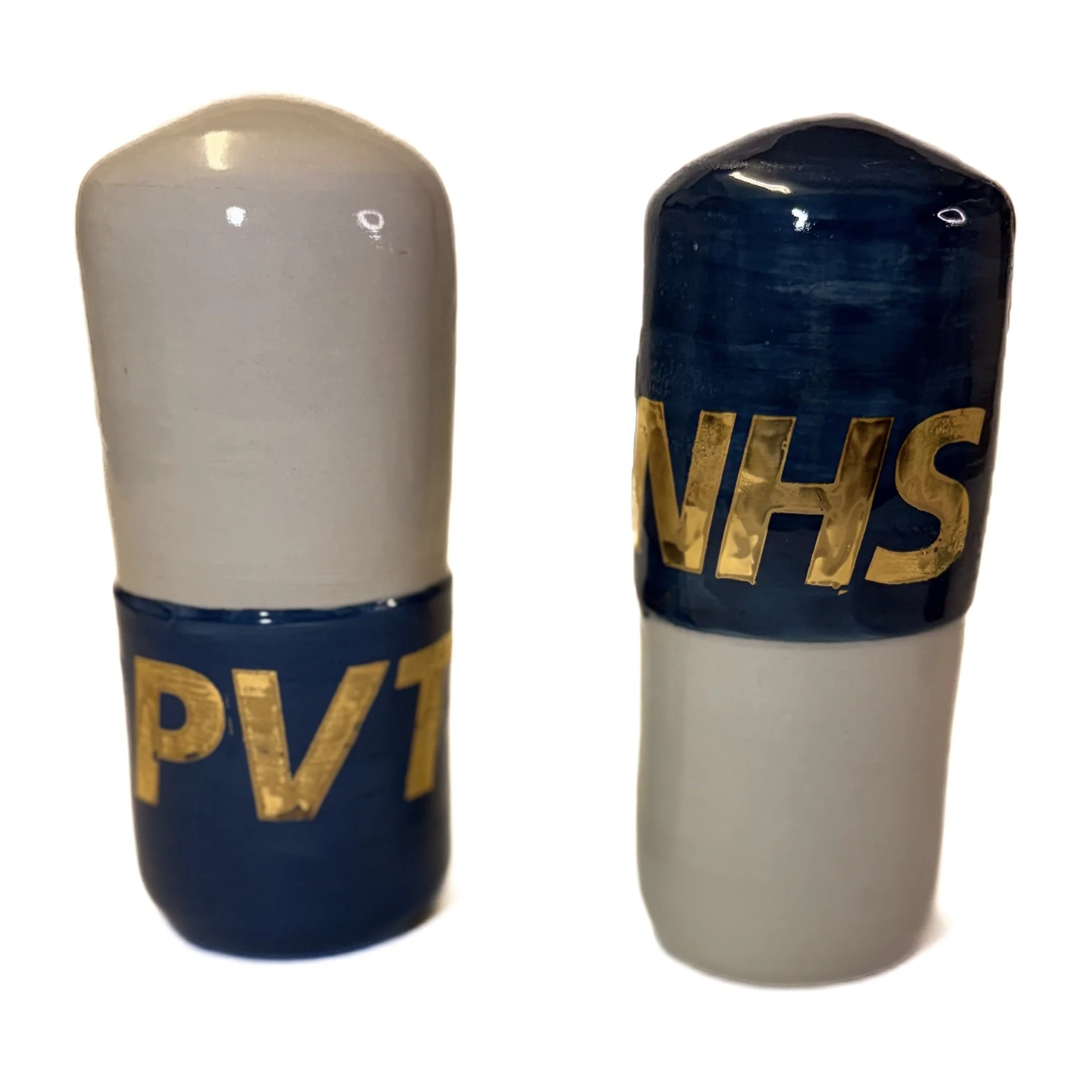 NHS & PVT  oversized ceramic pill sculptures.