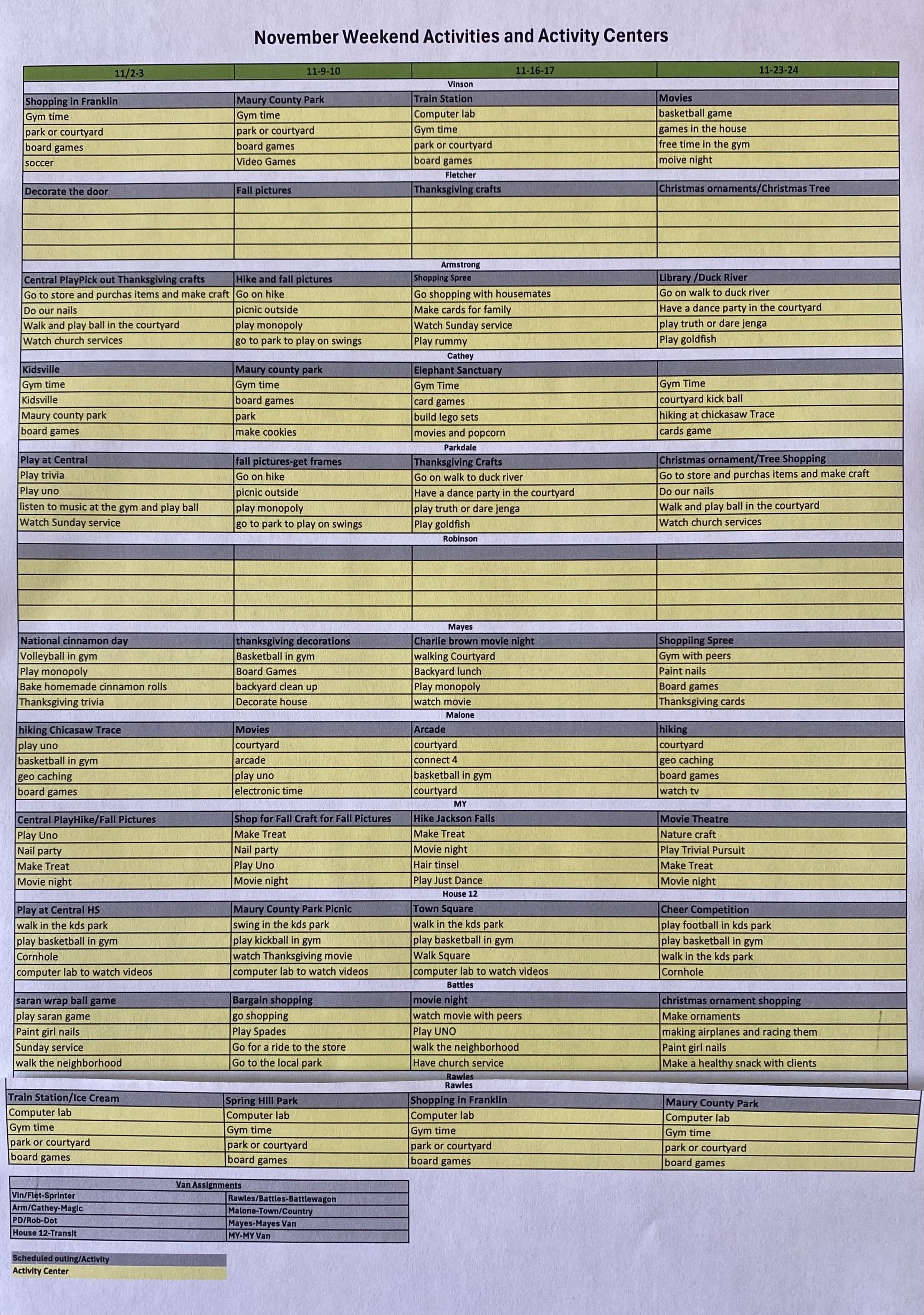 Activity Calendars