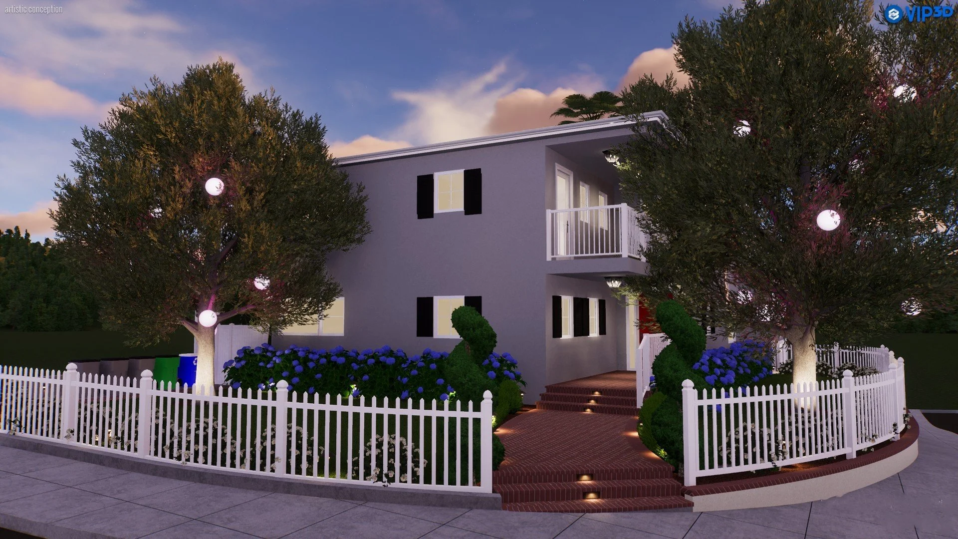 3D Landscape design rendering of front of house. Brick paved walkway with white picket fence