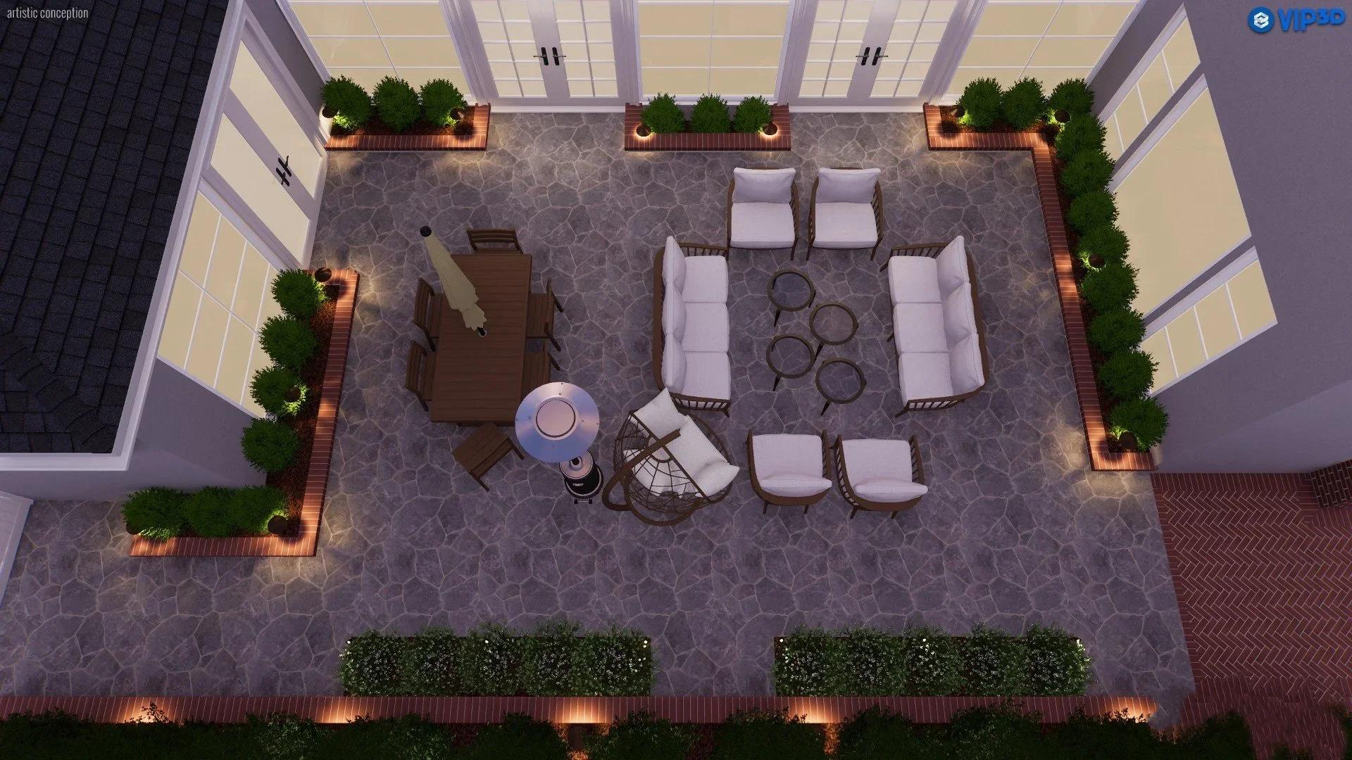 3D Landscape Design of patio, bushes, brick paved walkway, and fully furnished