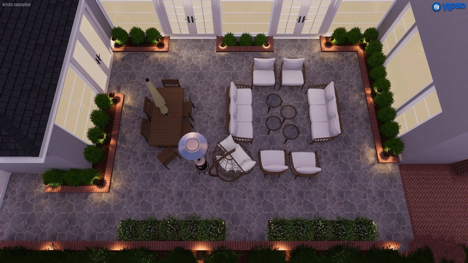 3D landscape design rendering of a San Diego backyard with patio and garden