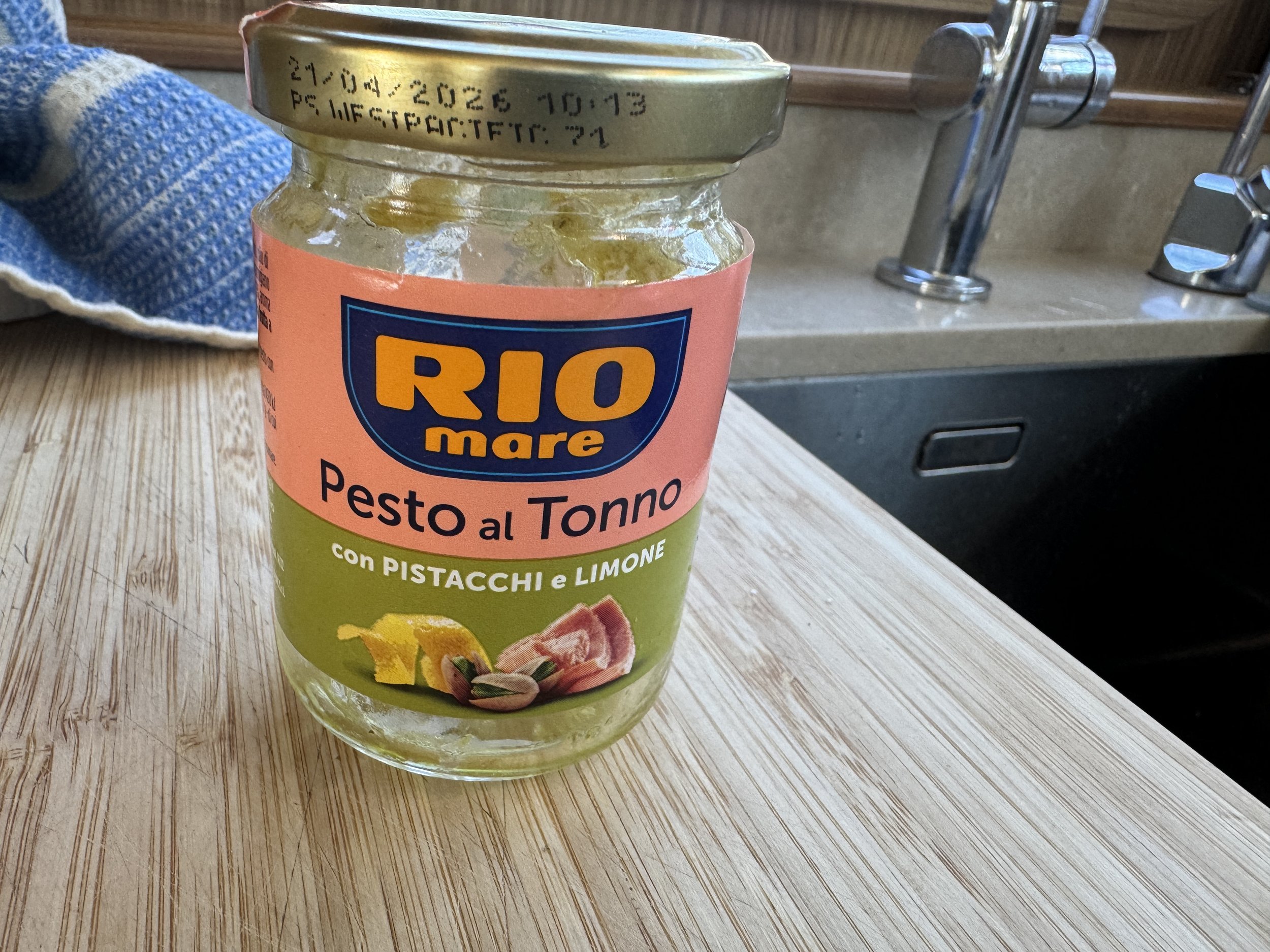   Found this buried in the ‘pantry’ drawer. Jarred tuna in pesto sauce with pistachio and lemon. O.M.G.  I wish I’d bought a case!  