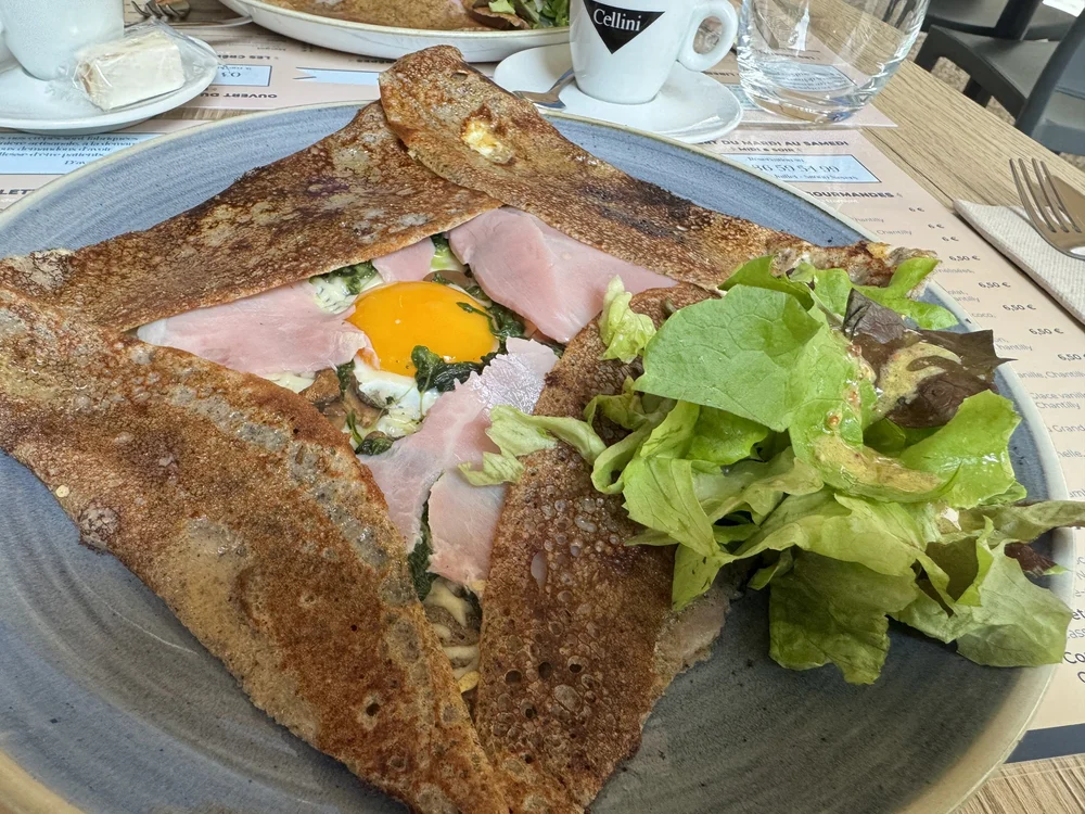   Galettes are a new lunch favorite; a crepe-like pancake made with buckwheat flour with a savory filling.  