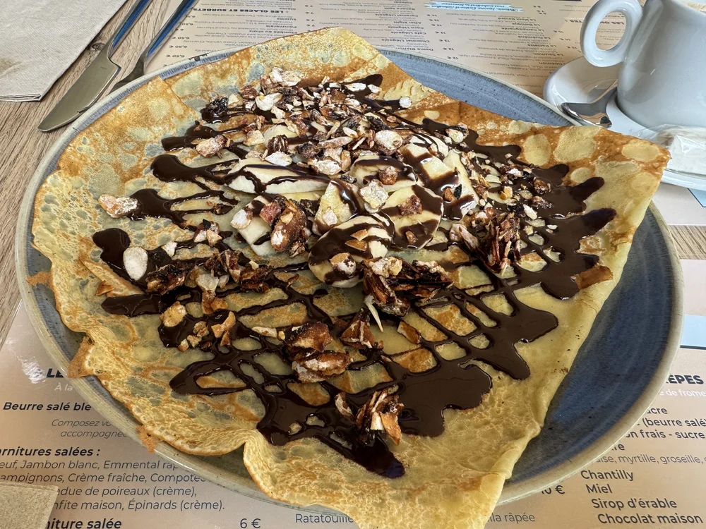   Banana chocolate crepe for dessert….  
