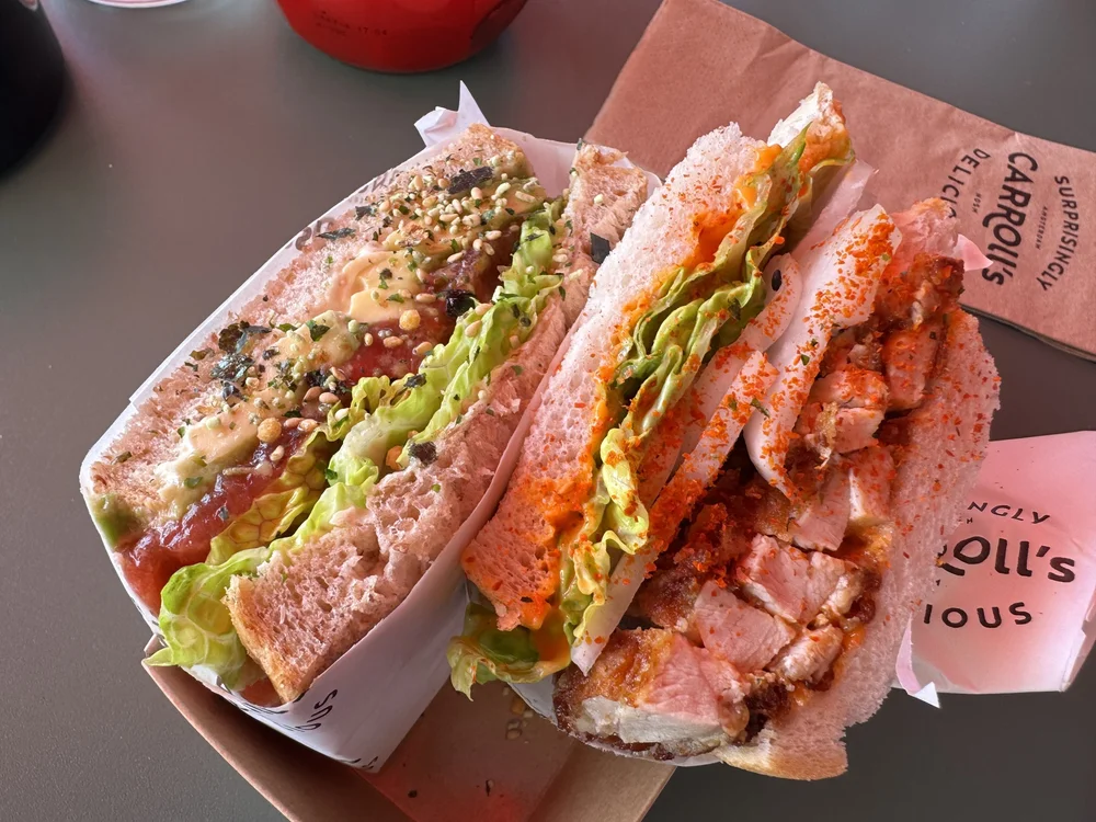   The Dutch make amazing innovative sandwiches! Chicken, daikon radish, sriracha on the right, and watermelon-sashimi, avocado, wasabi on the left. The best dinner!  