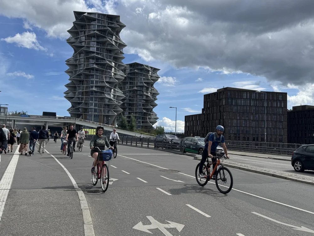   Two lanes for pedestrians, three lanes for bicycles and two lanes for cars.  