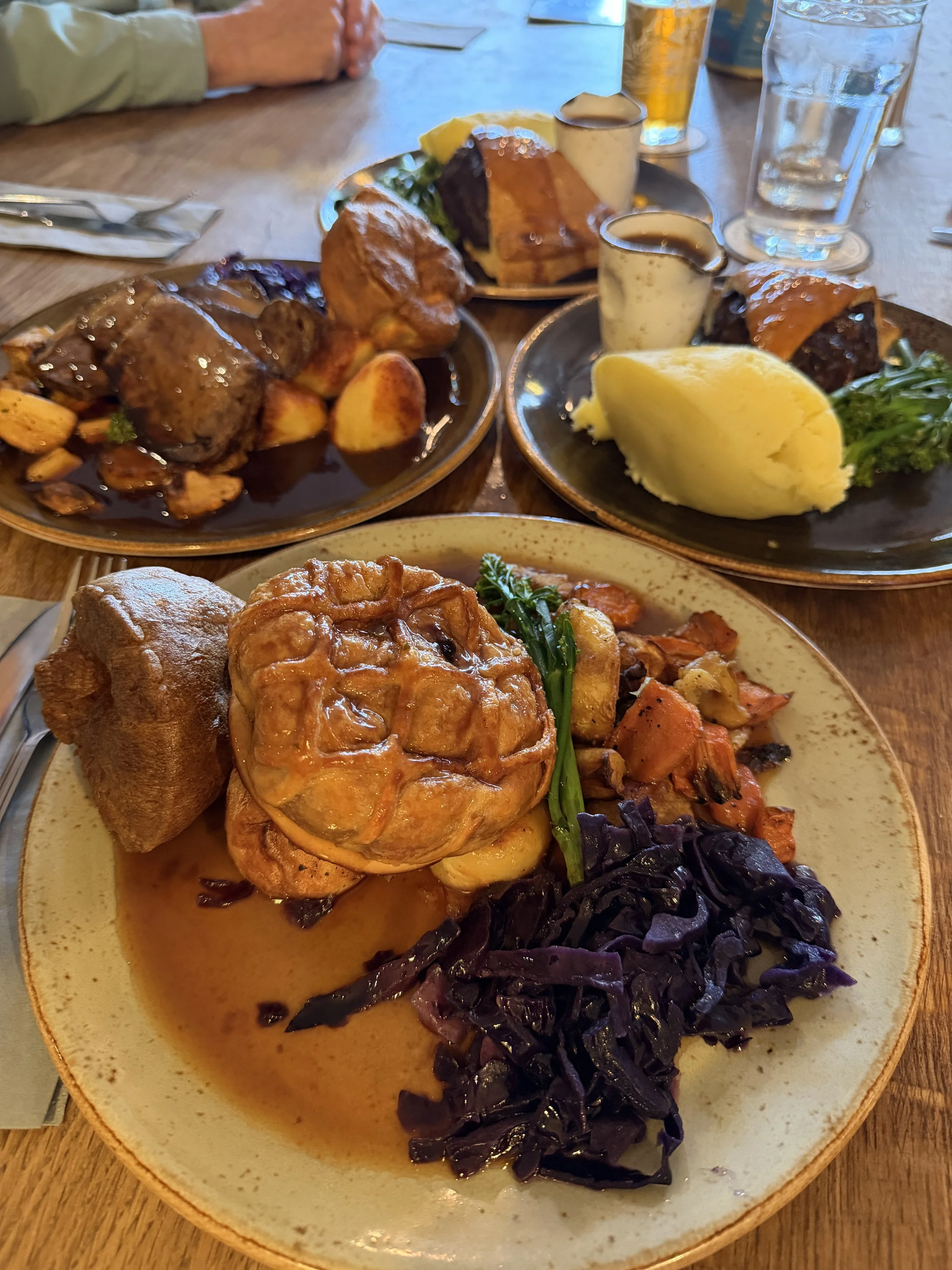  Steak, mushroom and ale pie and Sunday roast. No room for puds.  
