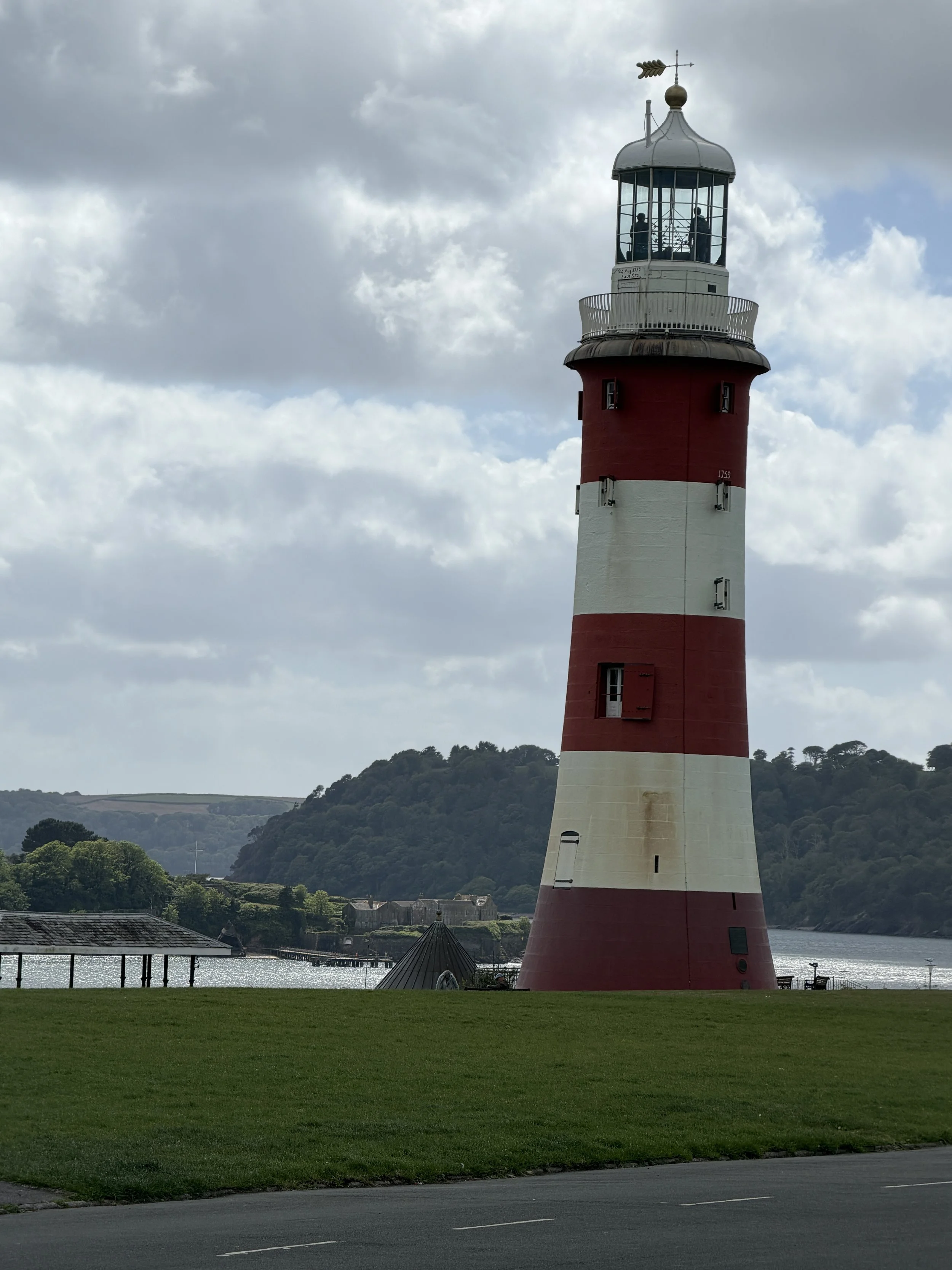   Smeaton's Tower, a historic lighthouse built on the Eddystone reef in 1759. When the reef  began to break up in the early 1880s, the lighthouse was moved, stone by stone, to its current position.  