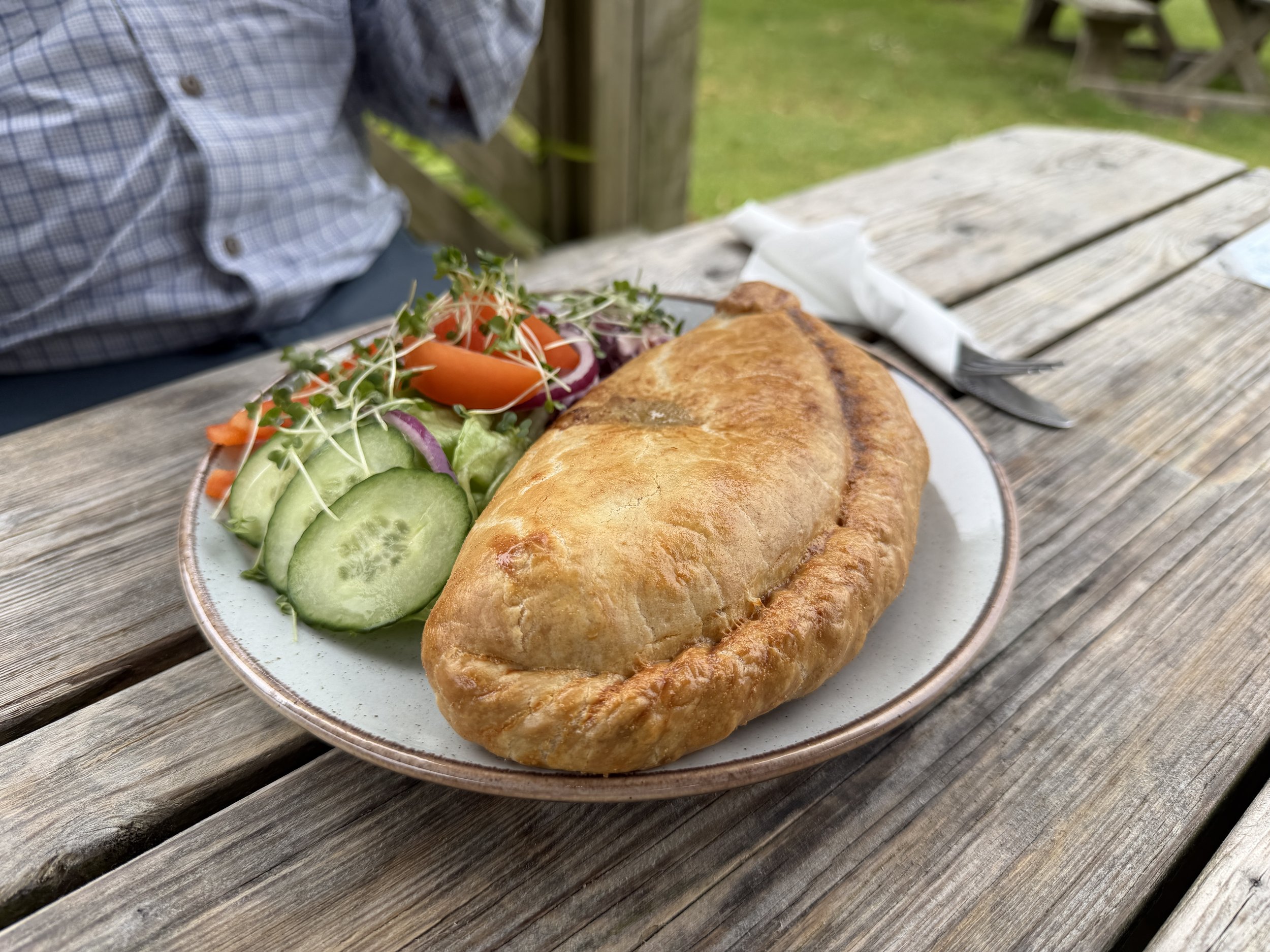  A much needed lunch! Beef Pasty with salad for Tom.  