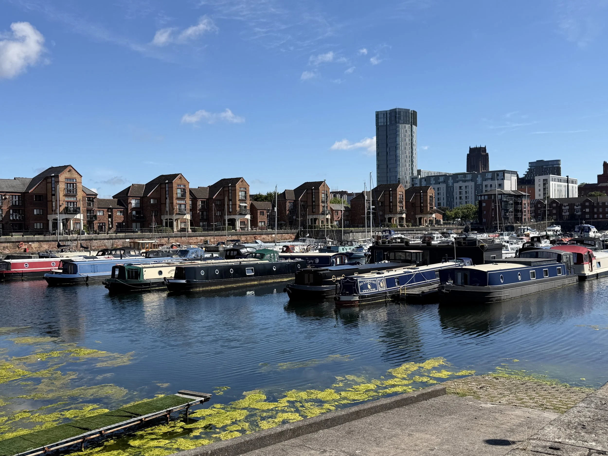   A marina filled with barges.  