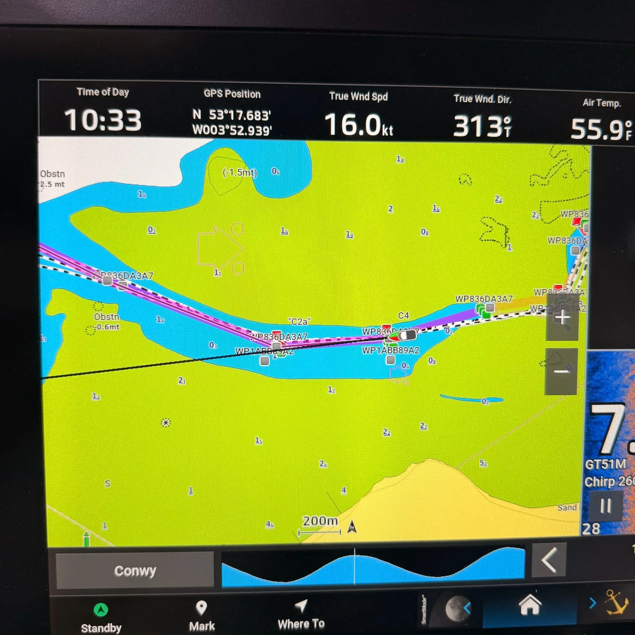     The green areas are completely dry at low tide so timing and careful navigation in the Conwy River is critical.    