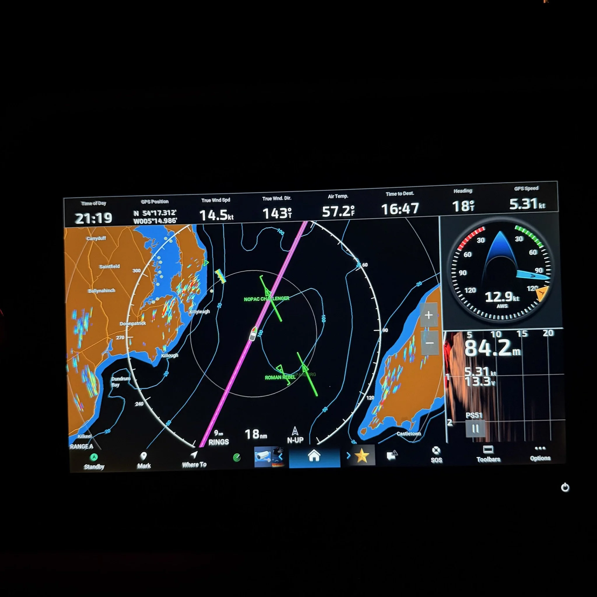   Nice to have radar and AIS when playing “Frogger” with giant ships in the dark.   Northern Ireland to port and the Isle of Man to starboard.  