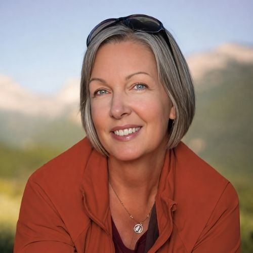 Diane Green, web designer, with short gray hair, wearing sunglasses on her head and an orange jacket, smiling outdoors with a blurred mountainous background.